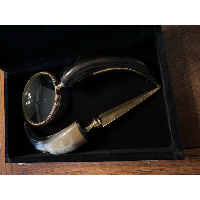 Brass Vintage Letter Opener and Magnifying Glass With Polished Horn Handles, Copper and Brass Trim With Wood Case. For Sale - Image 8 of 12