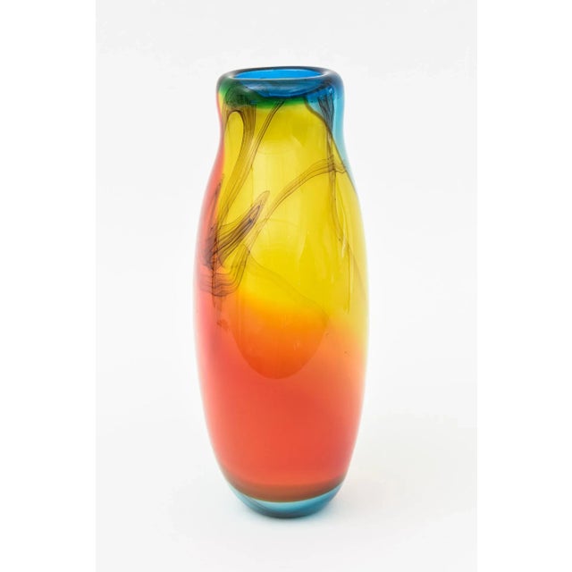 Modern Vintage Murano Signed Italian Fratelli Glass Vase Orange Red, Turquoise, Blue, Yellow, Charcoal Black Vase, Vessel 80's For Sale - Image 3 of 12