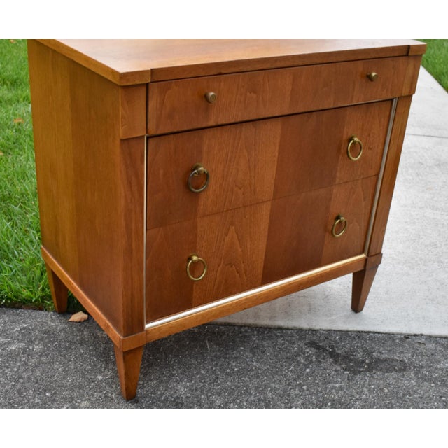 Wood John Stuart Walnut Nightstand Mid Century Modern Vintage 3 Drawer Chest Brass For Sale - Image 7 of 15