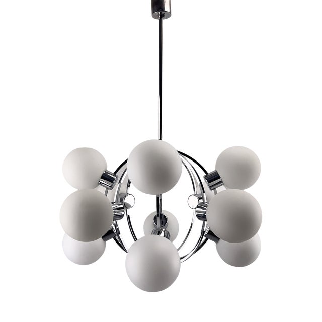 Large Space Age Sputnik Chandelier with 12 Opal Glass Spheres, Germany, 1970s For Sale