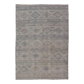 Mid 20th Century Vintage Turkish Flat-Weave Kilim With Stripes and Embroideries With Gray-Green For Sale