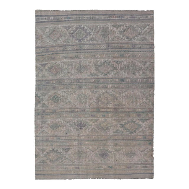 Mid 20th Century Vintage Turkish Flat-Weave Kilim With Stripes and Embroideries With Gray-Green For Sale