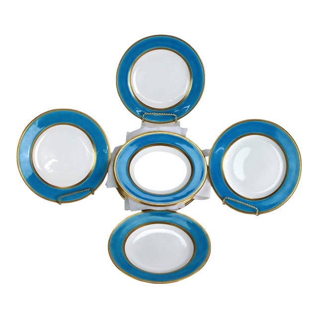 Set of 12 English Spode Copeland Porcelain Turquoise & Gold Trimmed Plates C1900 For Sale