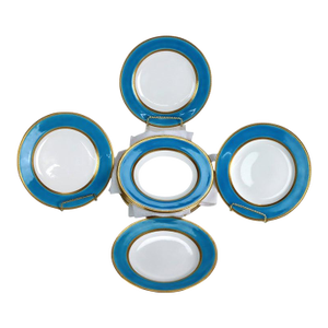 Set of 12 English Spode Copeland Porcelain Turquoise & Gold Trimmed Plates C1900