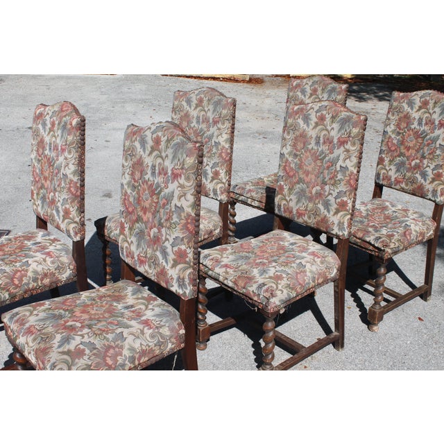 Set of 6 French Carved Oak Tapestry Textile Dining Chairs. Stunning high back chairs. French Estate.