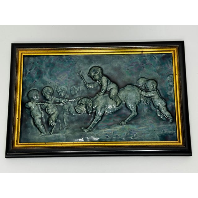 Wood Pair Arts & Crafts Ceramic Relief Plaques Children With Goat & Children With Satyr & Dog c.1909 Attributed to Reginald Robert Tomlinson For Sale - Image 7 of 18
