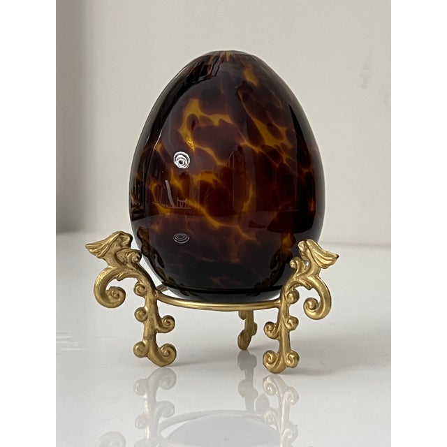 Vintage Decorative Amber Tortoiseshell Glass Egg on Gilt Metal Stand For Sale - Image 9 of 10