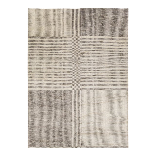 10 X 14 Hand Knotted Modern Neutral Geometric Wool Rug Minimalist Grid Pattern For Sale
