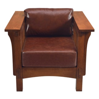Crafters and Weavers Craftsman Crofter Mission Style Arm Chair in Chestnut Brown Leather For Sale