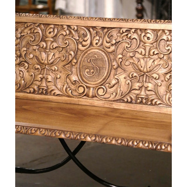 19th Century Spanish Renaissance Carved Chestnut Folding Bench With Iron For Sale In Dallas - Image 6 of 12