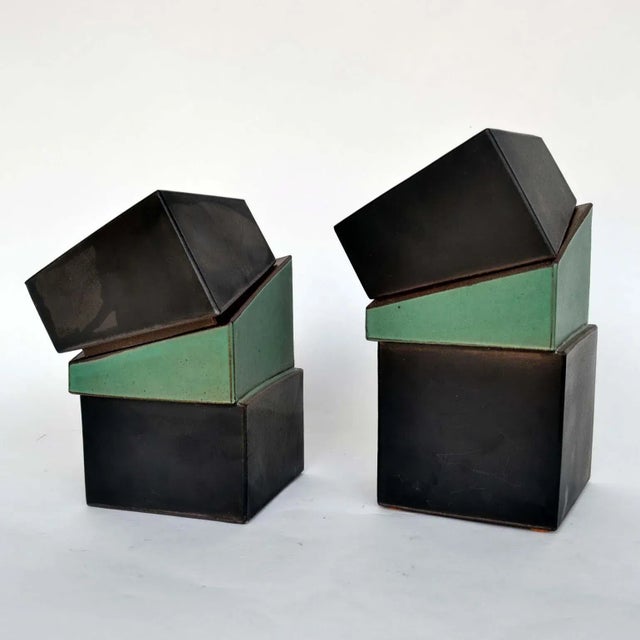 Industrial Vintage Sculptural Square Boxes Glazed in Green and Black, 1980s, Set of 2 For Sale - Image 3 of 8