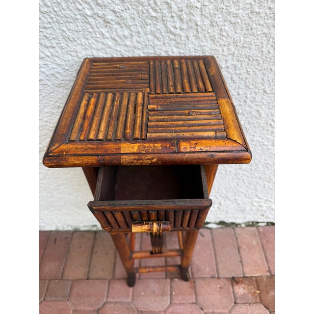 Brown Vintage Tortoiseshell Rattan Plant Stand Side End Table With Drawer For Sale - Image 8 of 8