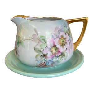 Vintage Hand-Painted Floral Creamer and Saucer Set With Gold Trim