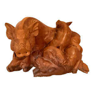 1960s Mid-Century Modern Balinese Hand-Carved Wood Pig Family Sculpture by Njsaru Ubud