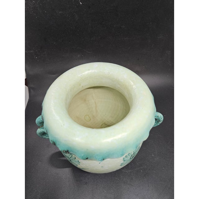 Signed, Aged Turquoise Double Handle Violet Vase For Sale - Image 4 of 6