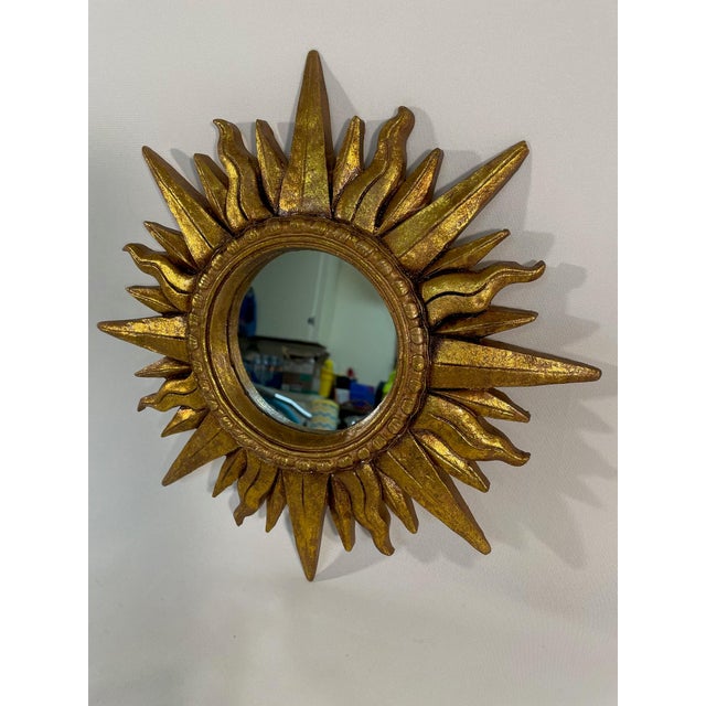 Glass Mid 20th Century 12.5" Gold Gilded Sunburst Wall Accent Mirror For Sale - Image 7 of 17