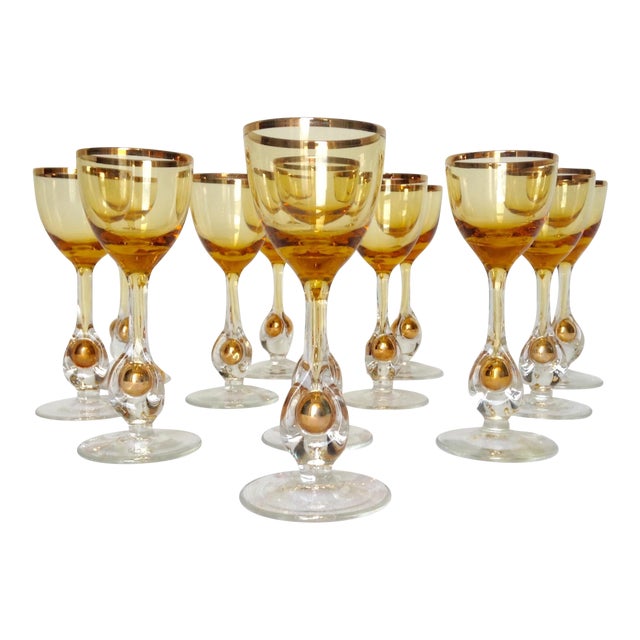 1960s Italian Handblown Amber & Gilt Gold Crystal Cordial Glasses Set