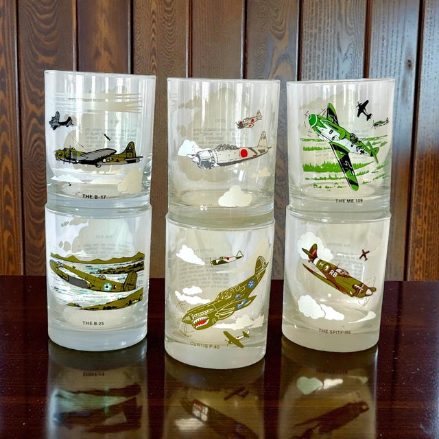 World War II WWII Planes B-25, Spitfire, ME-109, Zero, B-17, Curtis P-40, Double Old Fashion Lowball Glasses Set of 6 Mid...