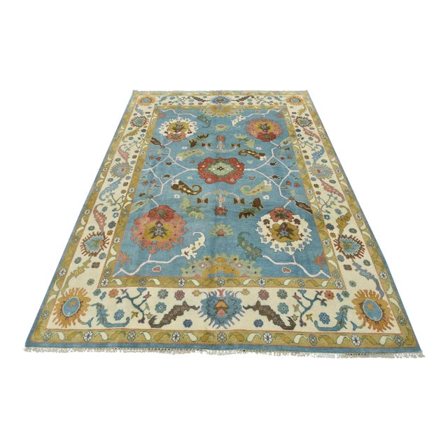 Oushak Rug 9′ X 11’8” Blue Wool Traditional Hand-Knotted Oriental Carpet For Sale