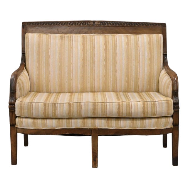 French Restoration Mahogany Settee With Dolphin Carved Arms, Early 19th Century For Sale