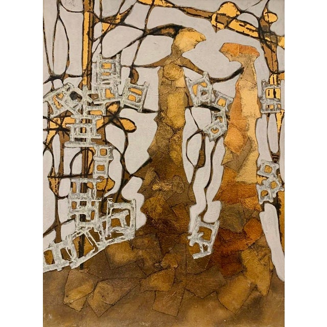 Loosely suggested figures occupy an interior space rendered in lavender and ochre over a ground of gold leaf, the title's...