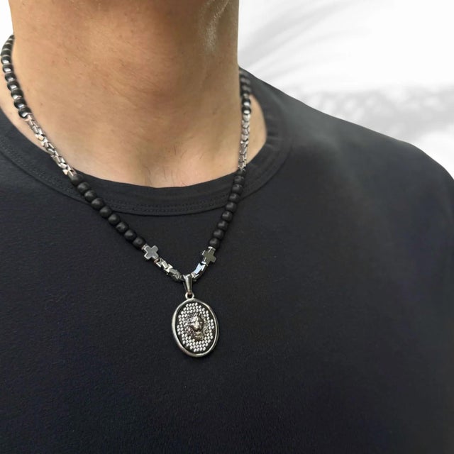The Black Onyx Lion Men's Beaded Short Necklace is a bold and striking handmade accessory that combines style and...