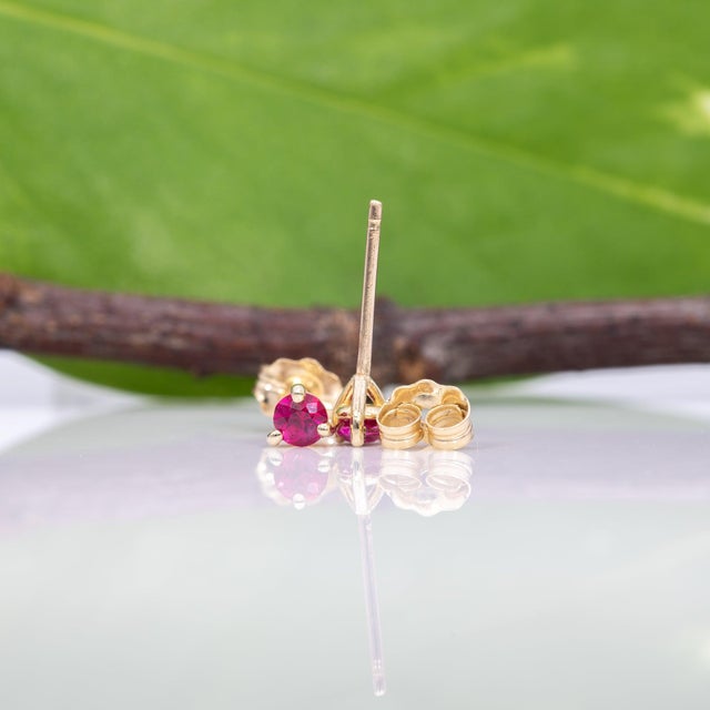 Metal Mozambique Ruby Stud Earrings, Solid 14k Gold, 3mm Round, July Birthstone, Pair For Sale - Image 7 of 7