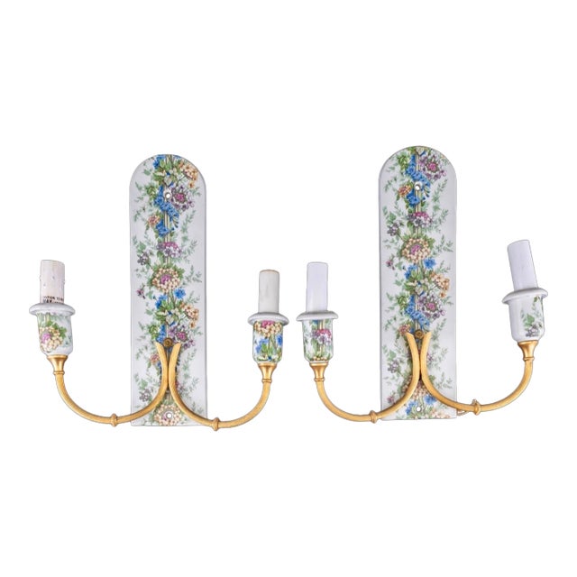 Pair of Vintage Porcelaine De Paris Floral & Gilt Two-Arm Wall Sconces — 12”h For Sale