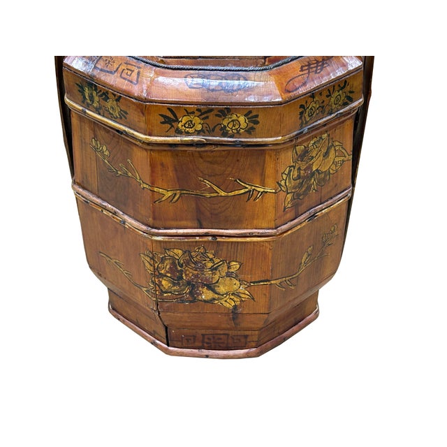Vintage Oriental Octagonal Golden Graphic Stack Wedding Basket Display For Sale - Image 10 of 16
