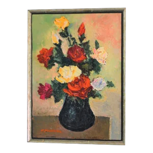 Mid Century Red Roses in Black Vase Flowers Oil on Board Wood Framed Still Life Painting Signed Vintage