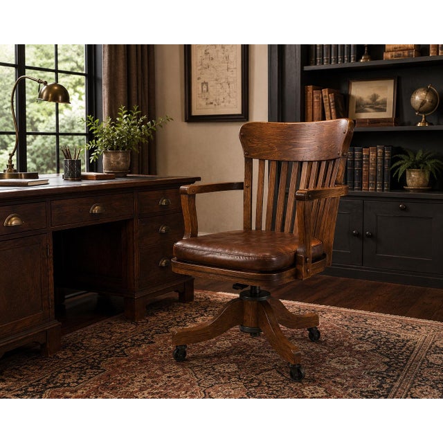 Antique Solid Oak Adjustable Swivel Office Chair With Original Cast Iron Mechanism & Casters, c.1900–1925 For Sale In Los Angeles - Image 6 of 6