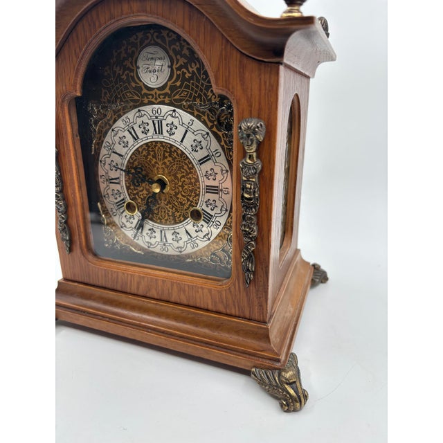 Vintage Tempus Fugit Table Clock in Wooden Case with Brass Details For Sale - Image 4 of 17