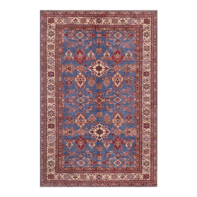 Rustic Super Kazak Lt. Blue/Ivory Wool Rug - 6'1'' X 9'6'' For Sale