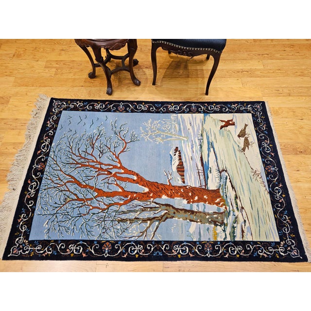 Vintage Persian Tabriz Pictorial Rug, Hand-Knotted Wool, Winter Forest Scene, Blue & Ivory, 4x6 For Sale In Chicago - Image 6 of 16
