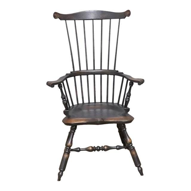 Mid 20th Century Black Windsor Fan-Back Armchair Carved Knuckles Antiquity Delafield Wisconsin For Sale