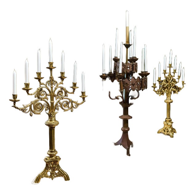 19th Century Neo-Gothic Brass Candlesticks, Set of 2 For Sale