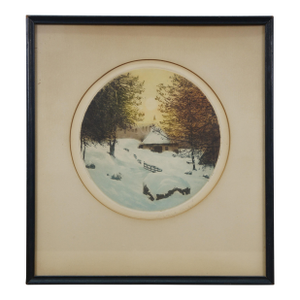 Late 20th Century Vintage Winter Cottage Snow Landscape Round Lithograph Print 13"