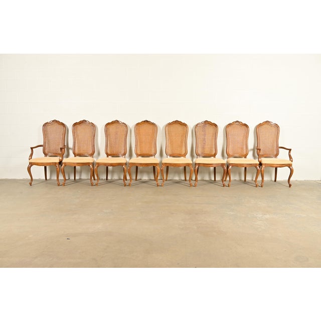 French Provincial Thomasville French Provincial Louis XV Carved Walnut and Cane Back Dining Chairs, Set of Eight For Sale - Image 3 of 14