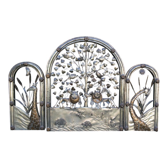 Signed Bustamante Brass Fireplace Screen / Wall Animal Sculpture - Set of 3 For Sale