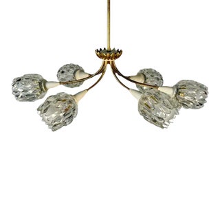 Italian Mid-Century Modern Six Light Brass Pendant / Chandelier, Textured Glass For Sale