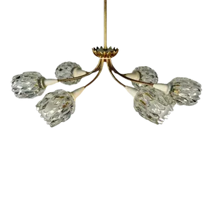 Italian Mid-Century Modern Six Light Brass Pendant / Chandelier, Textured Glass