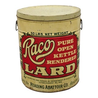 Vintage Raco 25 Lbs. Advertising Lard Tin Metal Can Reading Pa Twin Handles For Sale