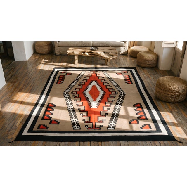 1940s Tribal Geometric Antique Native American Room Size Navajo Flatwoven Rug For Sale - Image 11 of 13