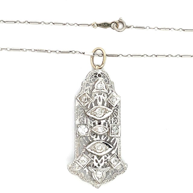 Antique 14k White Gold Diamond Art Deco Filigree Necklace For Sale - Image 4 of 9