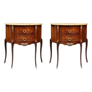 Diminutive Louis XV Style Demilune Commodes With Marble Tops, Pair Available For Sale