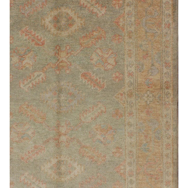 New Turkish Oushak rug with green and neutral color palette and all-over flower design, rug en-302, country of origin /...
