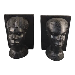 Mid 20th Century Large Hand Carved Ebony Wood African Couple Figural Bookends - a Pair