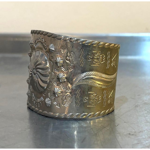 Native American Style Etched Silver Cuff Bracelet For Sale - Image 4 of 5