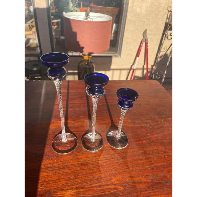 Romanian Cobalt Blue "Crystal Clear" Glass Candleholders Handcrafted Romania Set Gift Wedding Stemmed Home Decor A...