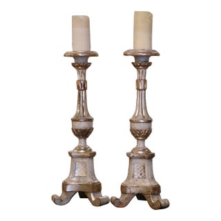 Pair 19th Century Italian Neoclassical Painted and Giltwood Candlesticks For Sale
